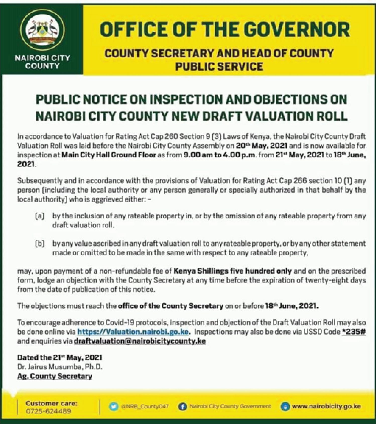 Inspection & objections on Nairobi city county new draft valuation roll