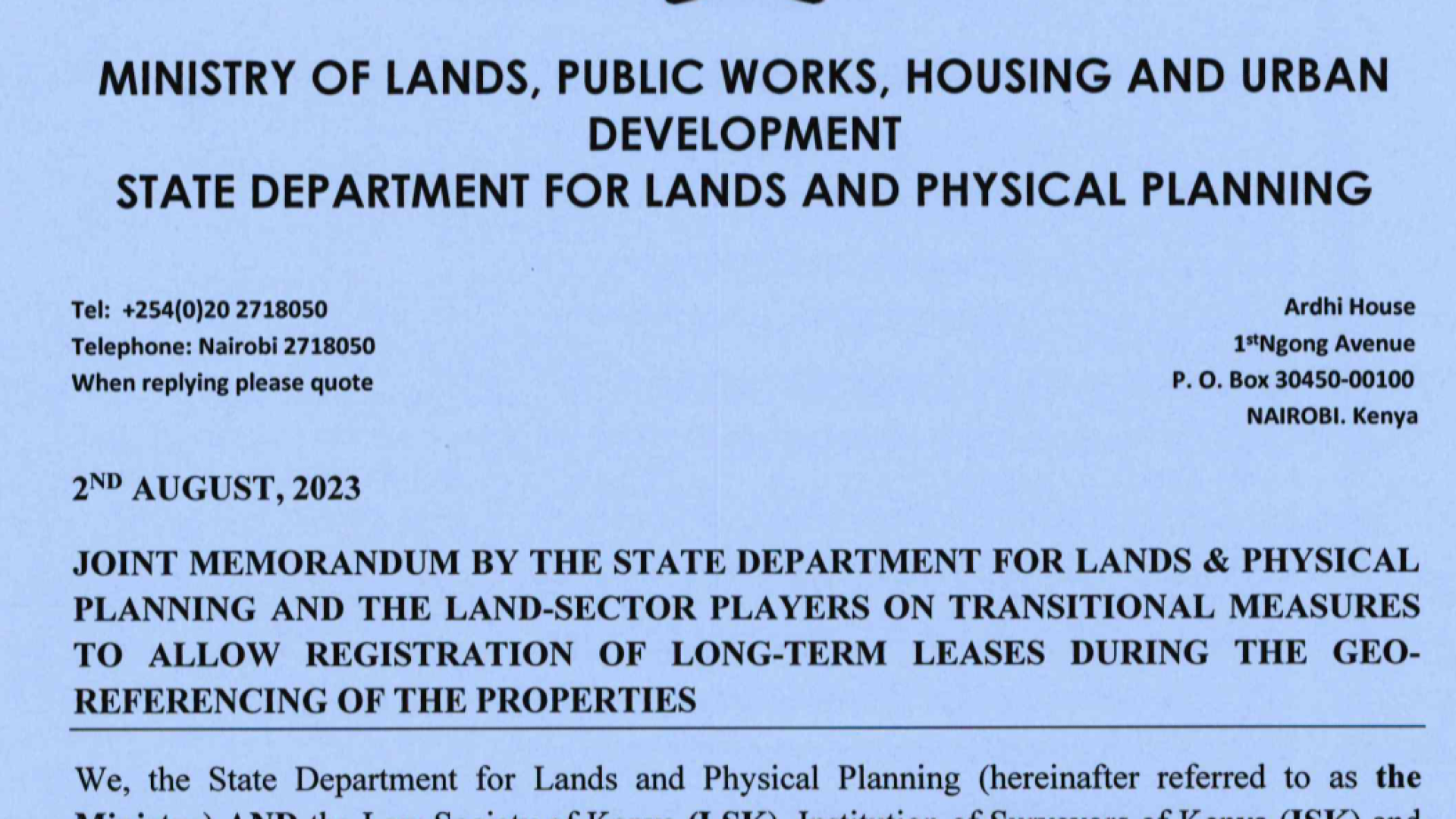 Joint Memorandum- Ministry of Lands and LSK